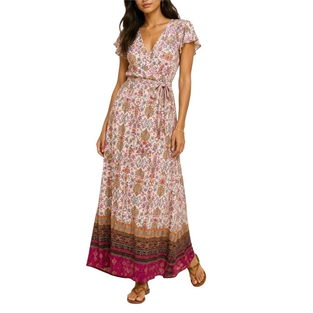 Patrons of Peace Floral Paisley Wrap Maxi Dress Pink Purple Boho KB18344T Large